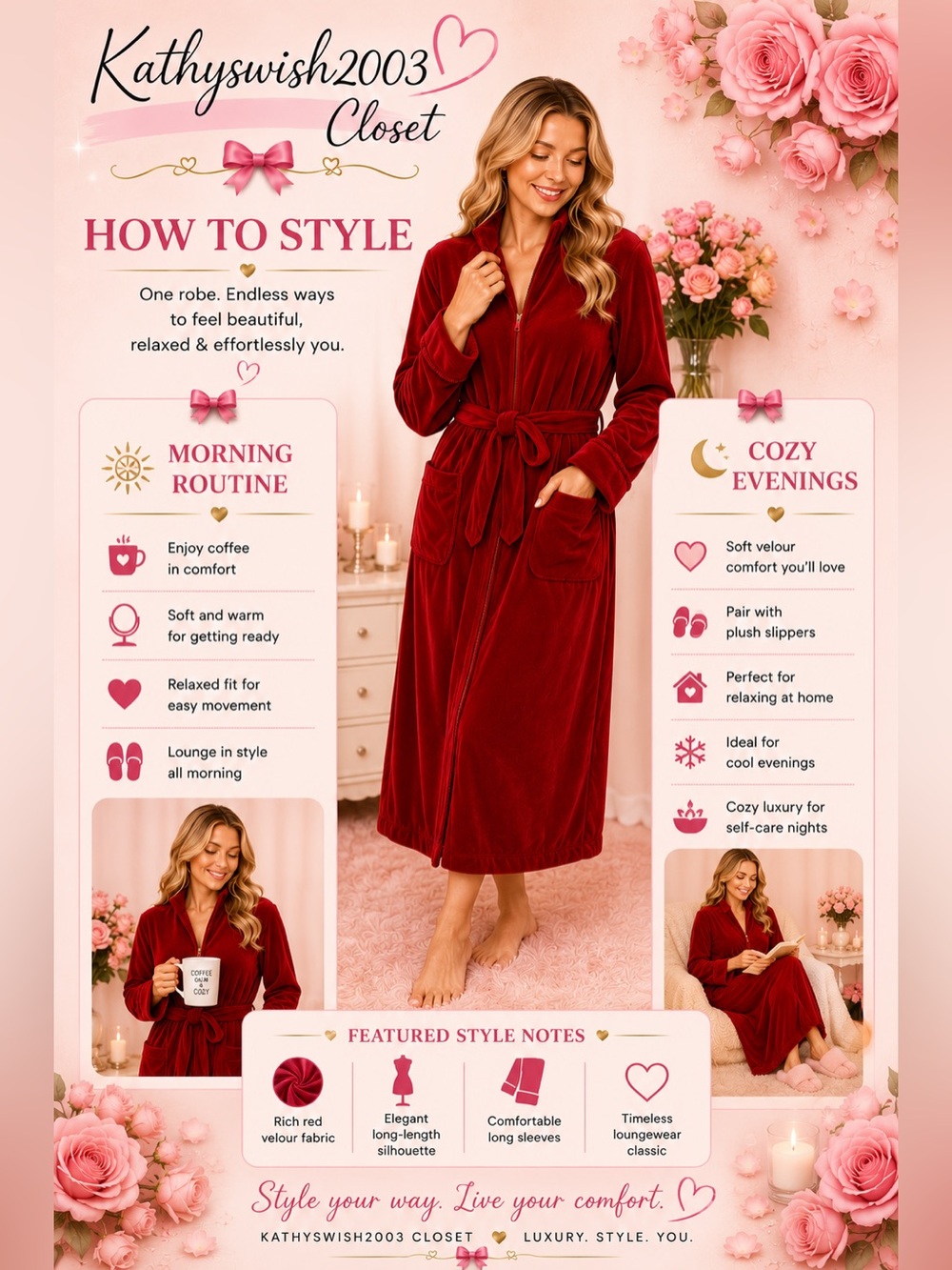 Nordstrom Rich Red Long Sleeve Velour Bathrobe - Picture 4 of 16